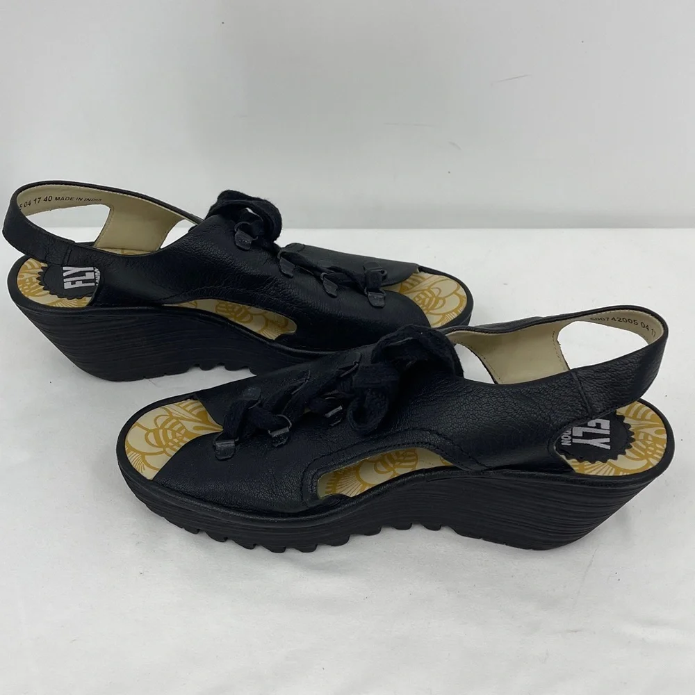 FLY LONDON SIZE 40 Black Women's Wedge Sandals Lace up OPEN TOE MADE IN INDIA